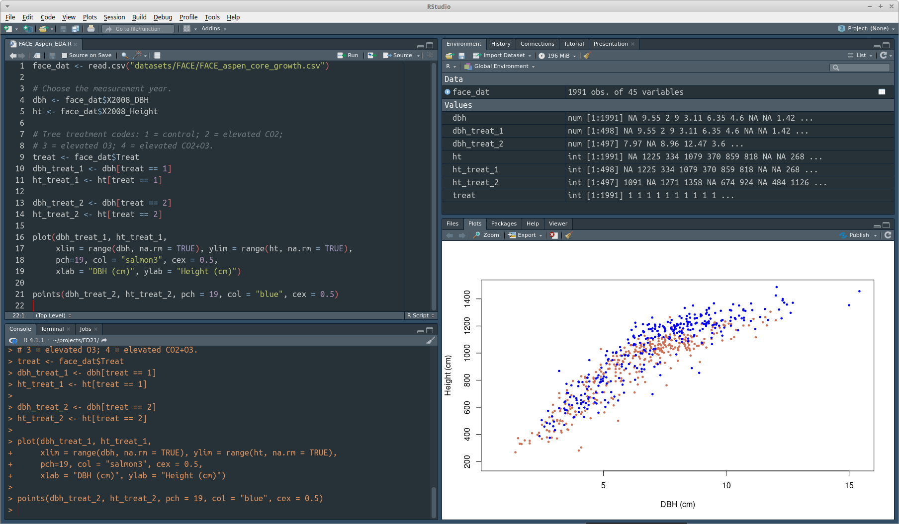 The RStudio IDE using the Modern theme and Material Editor theme.
