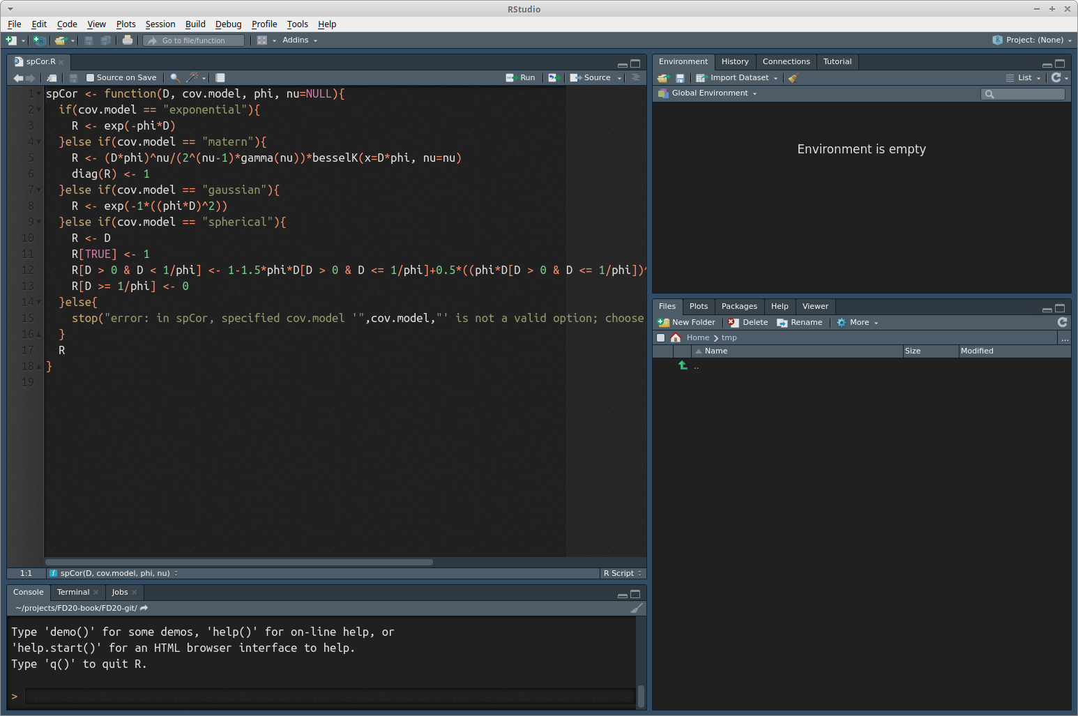 The RStudio IDE using the Modern theme and the Ambiance Editor theme